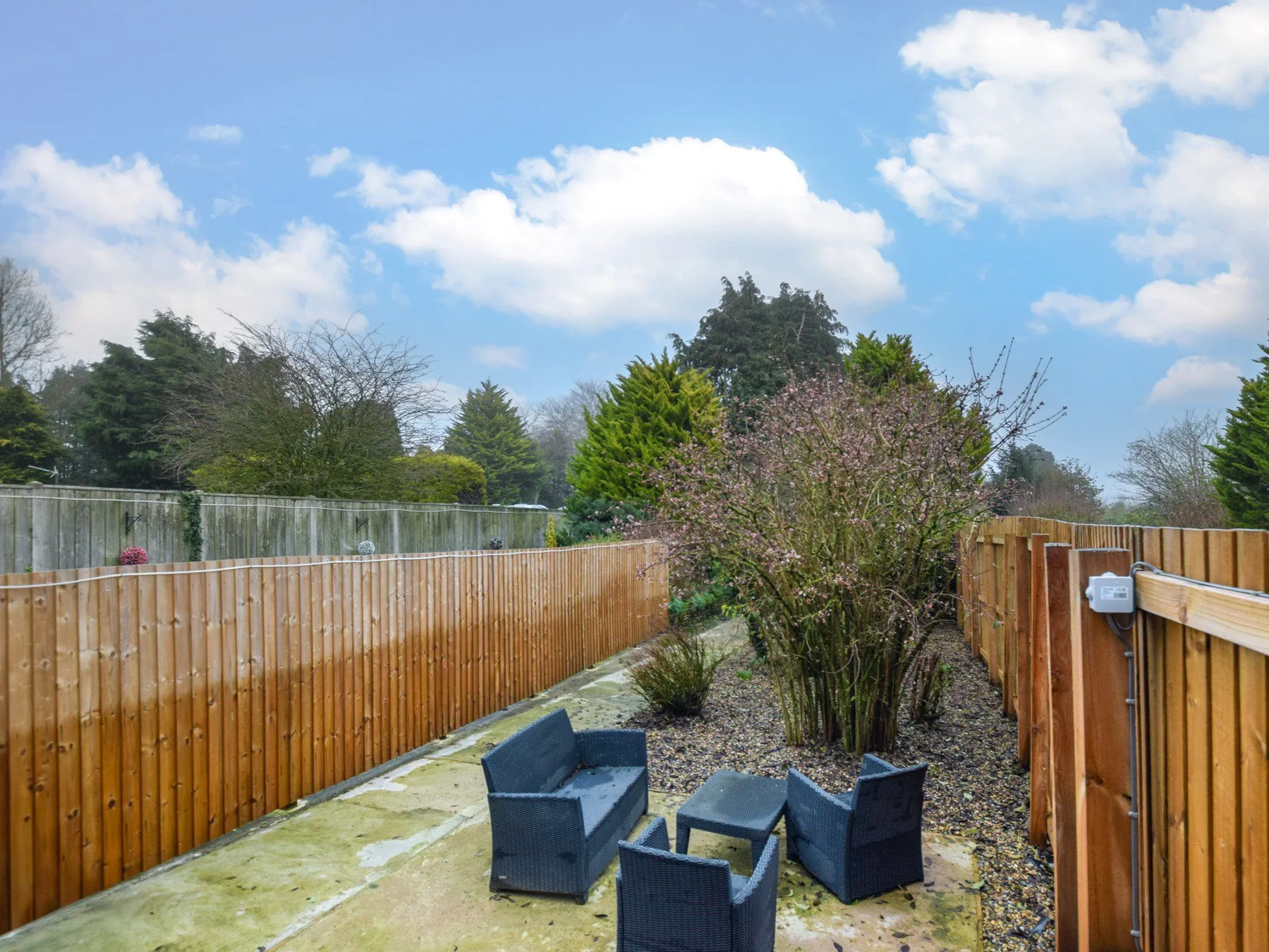 Outdoor seating in the shared grounds